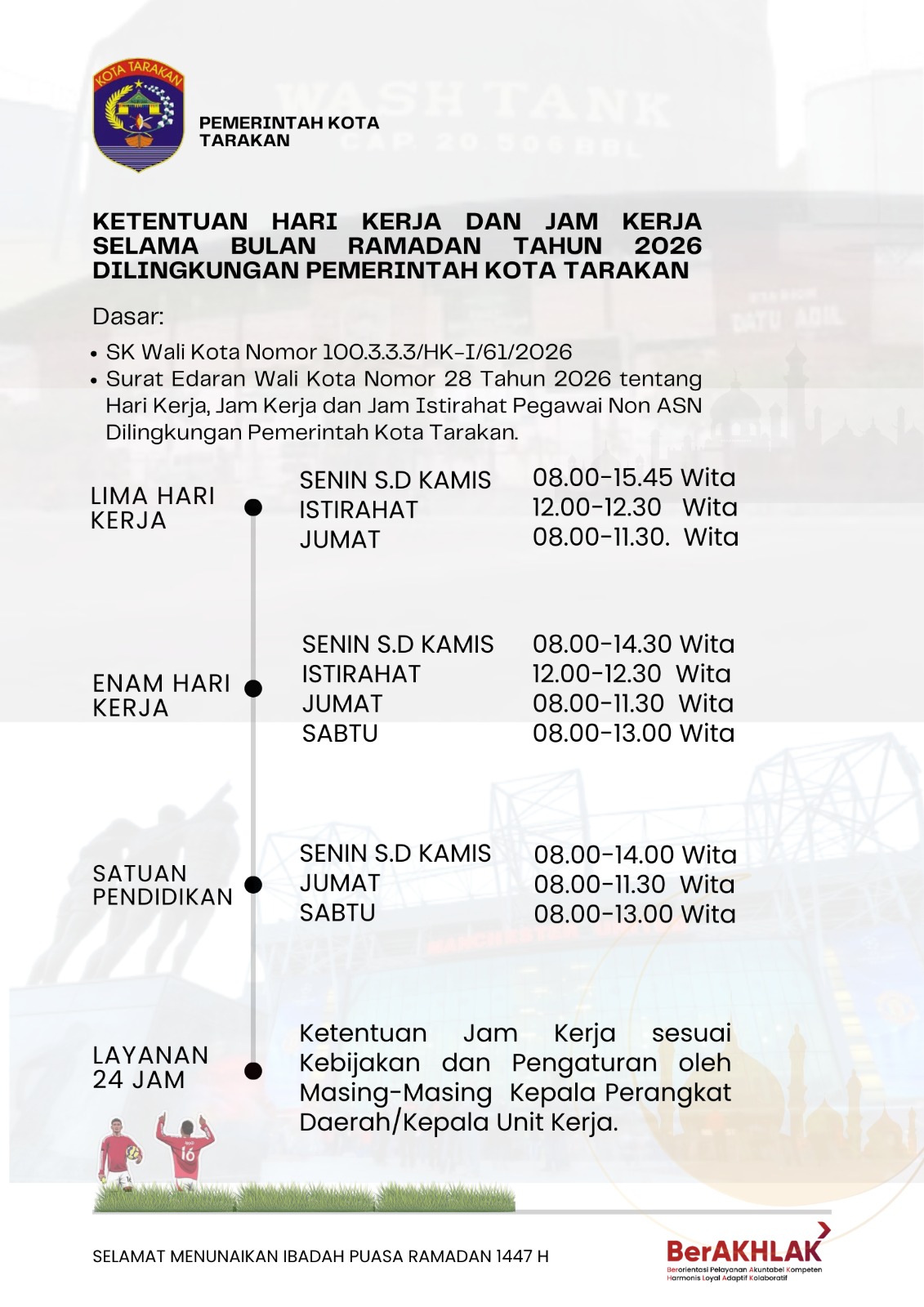 Ketentuan Hari dan Jam Kerja Selama Bulan Ramadhan 1447 H/2026 M Di Lingkungan Pemerintah Kota Tarakan